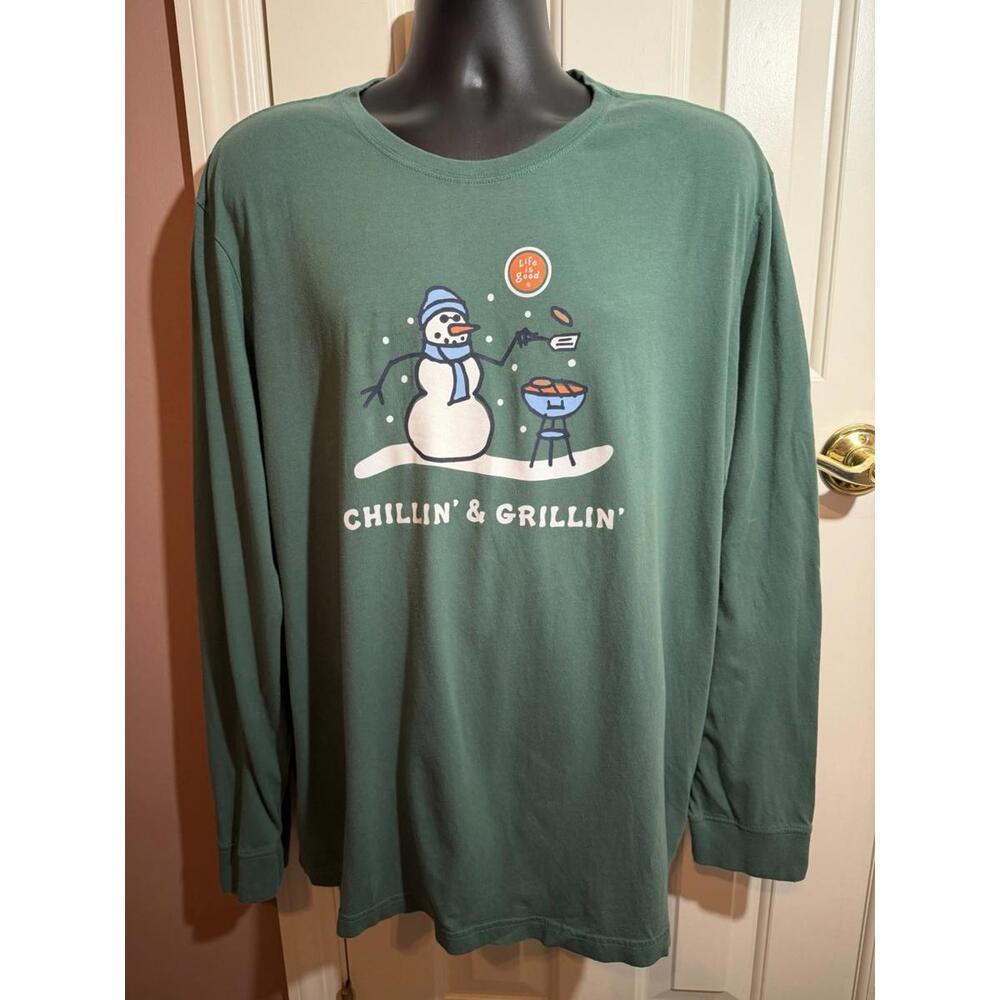 Life Is Good Crusher Tee Chillin & Grillin Mens XL Long Sleeve Green
